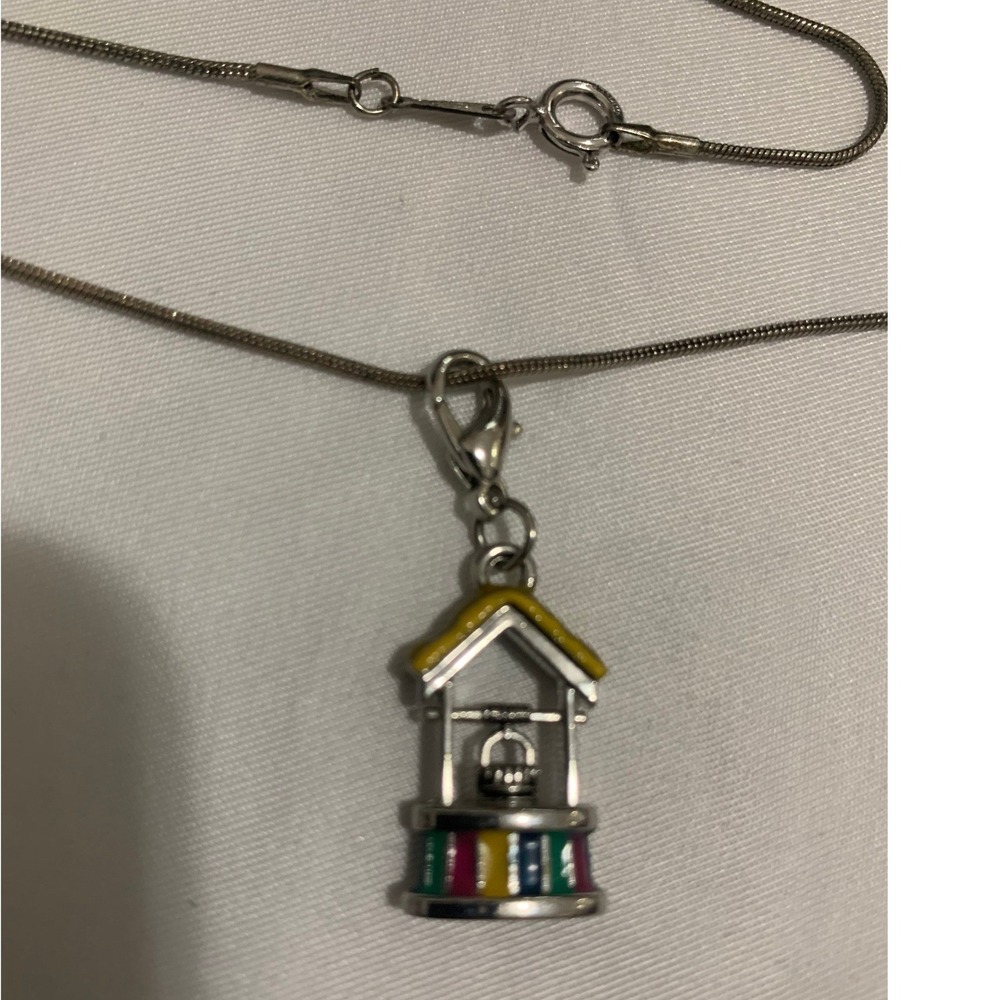 Silver Tone Enamel Wishing Well Charm Necklace Multicolor Snake Chain Luck#789